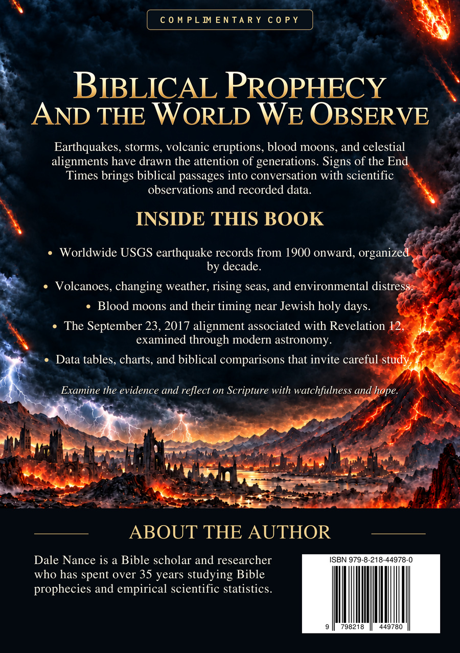 Complimentary back cover of Signs of the End Times, with the book summary and biography of Dale Nance.