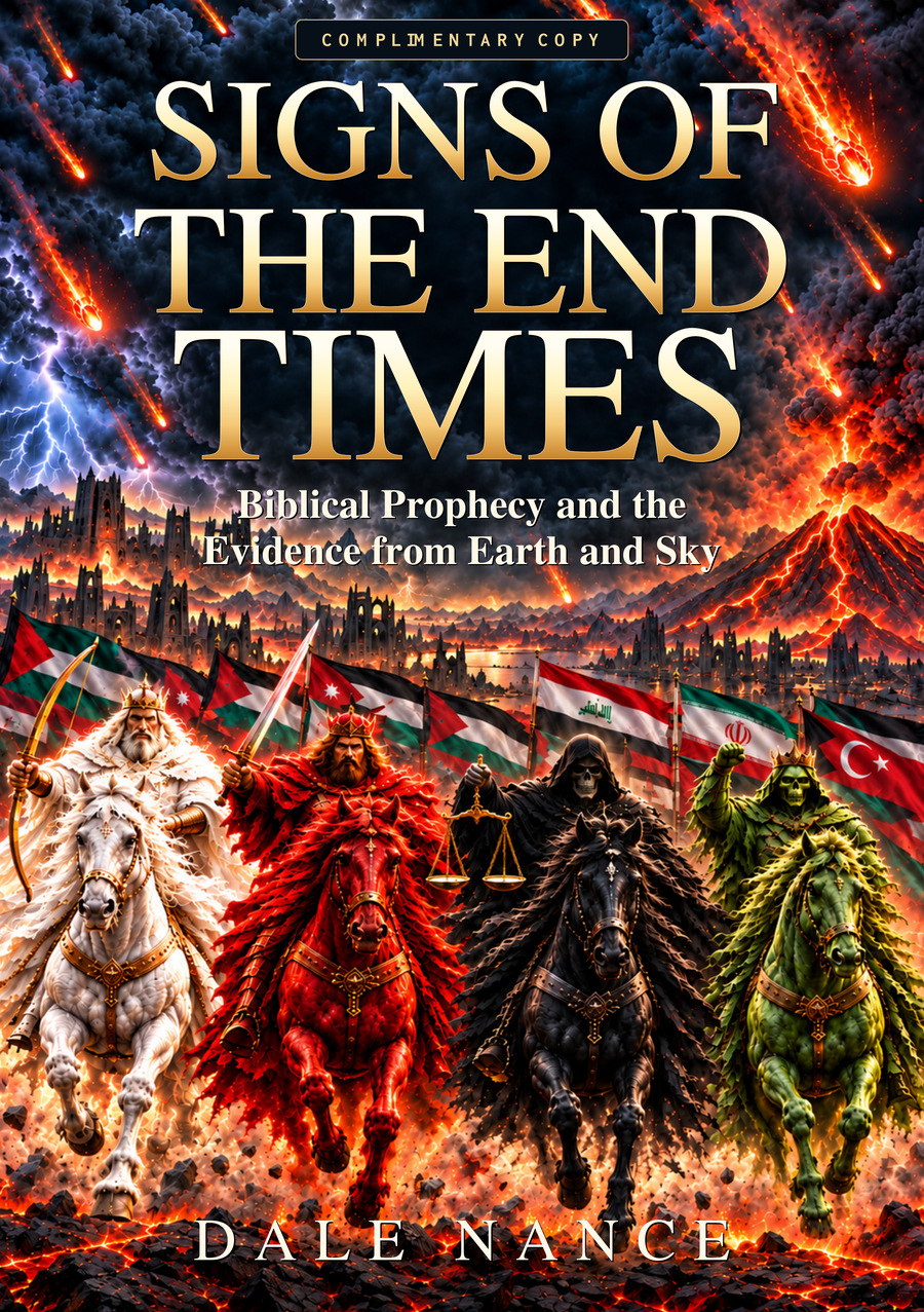 Complimentary copy of Signs of the End Times by Dale Nance, with the four horsemen beneath a stormy, fiery sky.